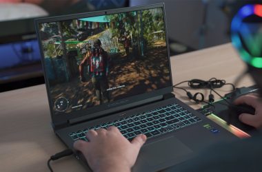 a person playing a video game on a laptop