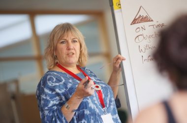 a person writing on a whiteboard