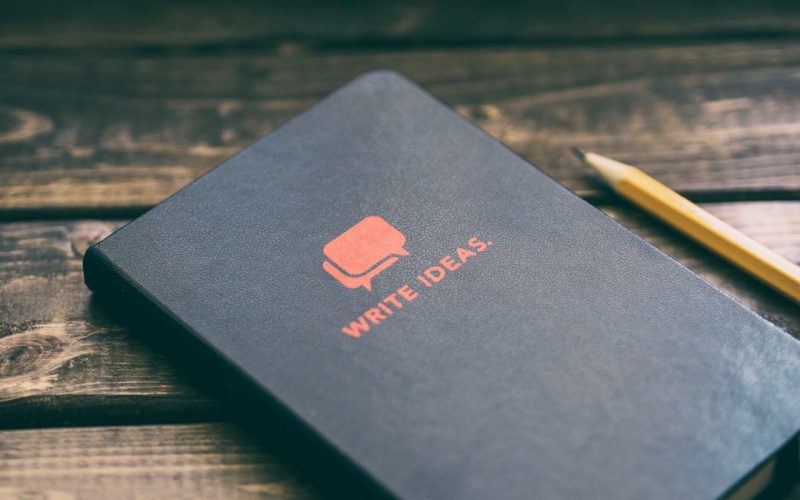 Write Ideas book on brown wooden board