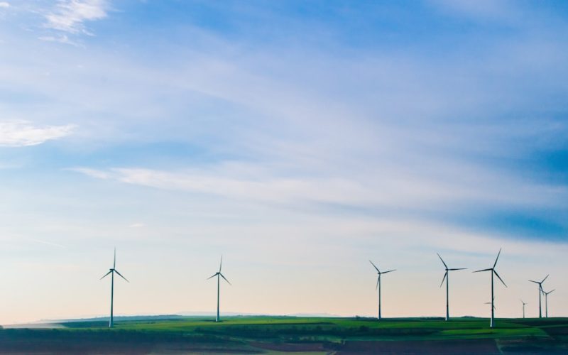 white windmills on green grass field under white clouds and blue sky
