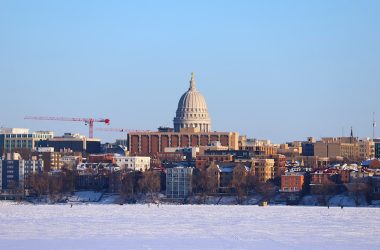 A view of the capital building from across the river