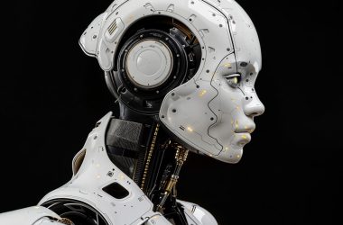 A white robot is standing in front of a black background