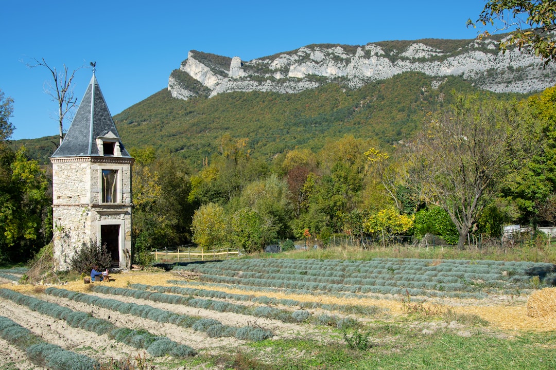 an old building with a tower in the middle of a field
