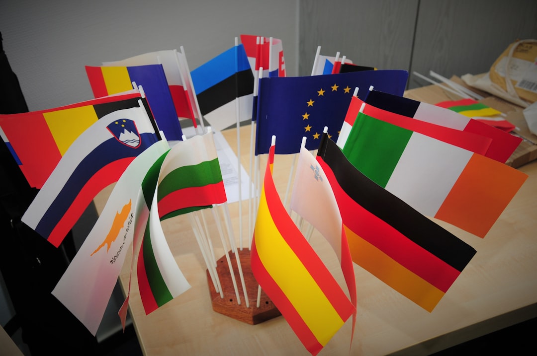 A bunch of flags that are on a table
