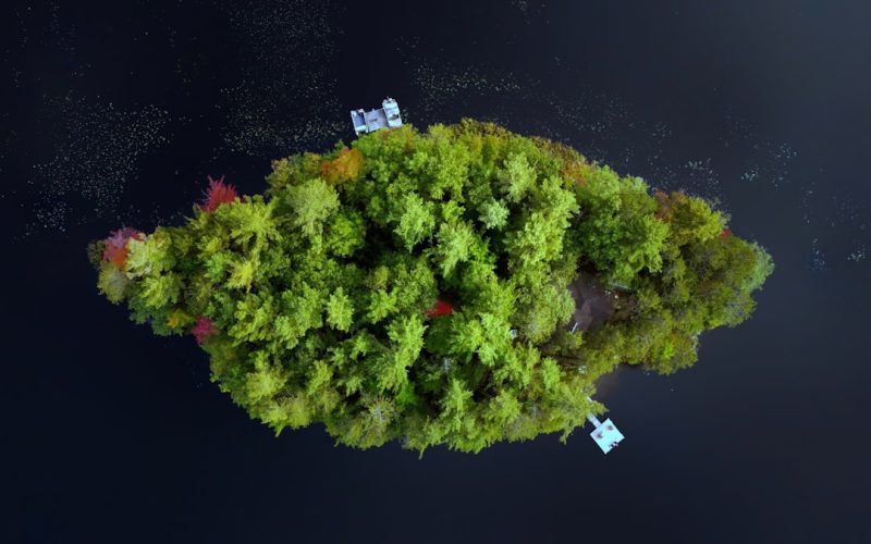 An aerial view of a small island in the water
