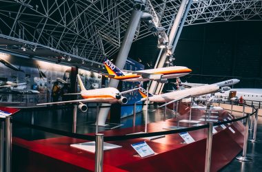 airplanes on display in a museum