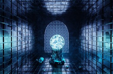 a man standing in a tunnel with a glowing orb in the center