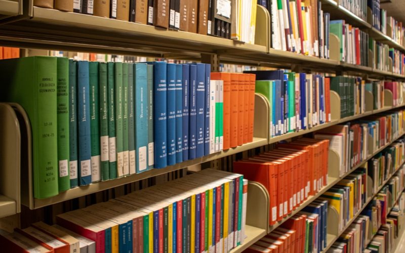 Bookshelves are filled with colorful books in a library.