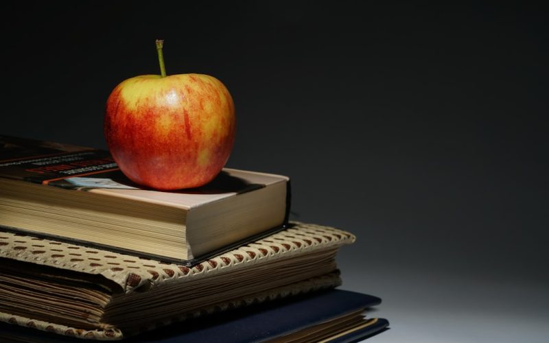 an apple sitting on top of a stack of books