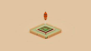 A rocket launches from a cube-shaped base.