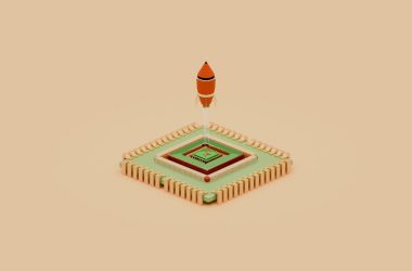 A rocket launches from a cube-shaped base.