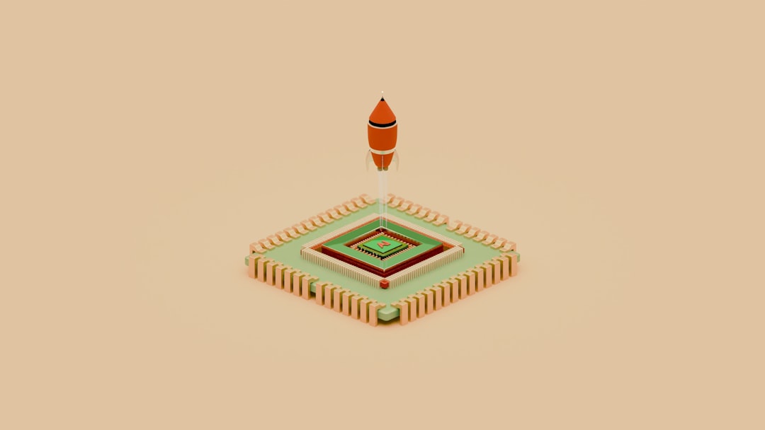 A rocket launches from a cube-shaped base.