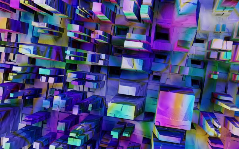 an abstract painting of many cubes of different colors