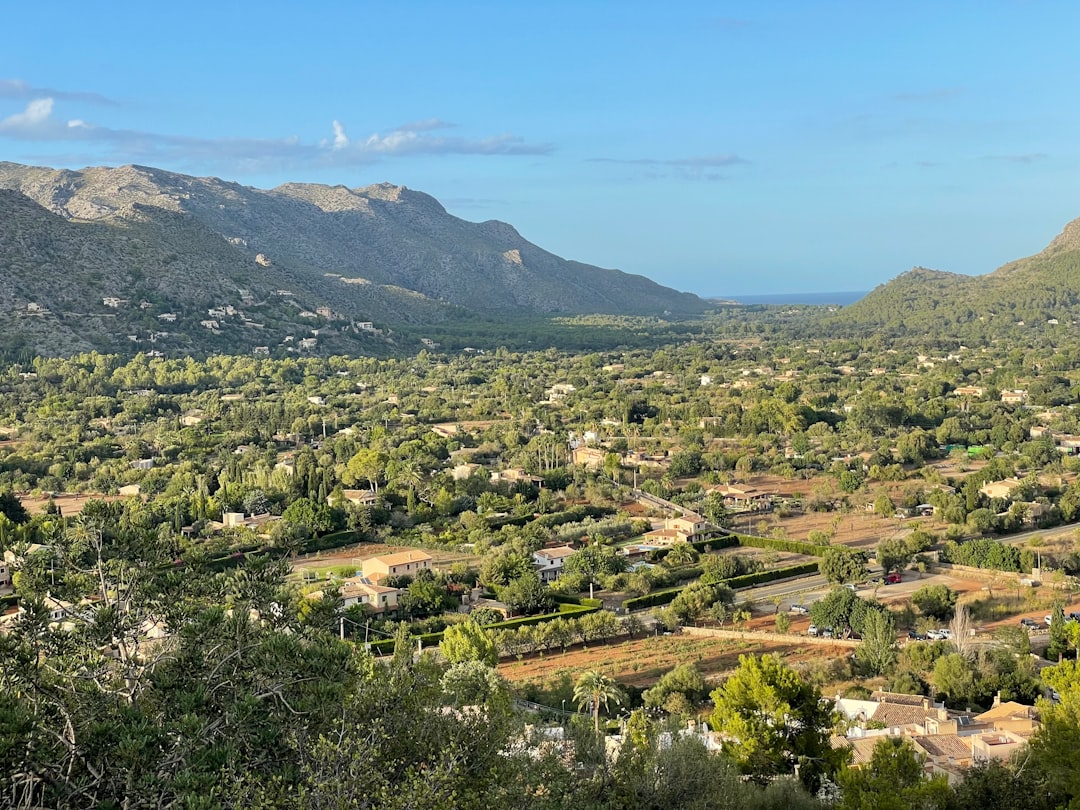 a scenic view of a small town in the mountains
