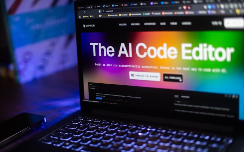 Laptop displays "the ai code editor" website.
