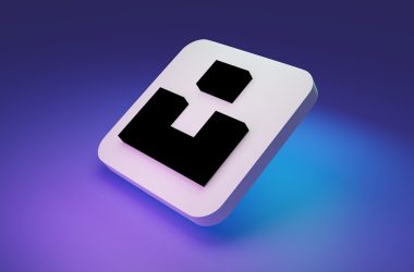 a black and white square button on a purple and blue background