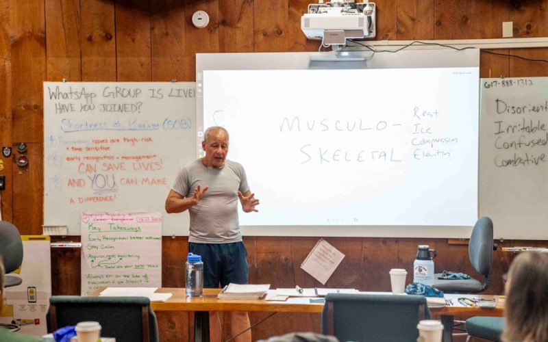 Man teaching in front of whiteboard with notes.